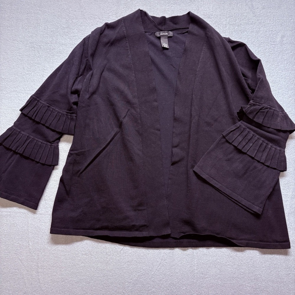 Alfani Women's Black Pleated Ruffled Sleeves Cardigan Sweater Open Front Size L